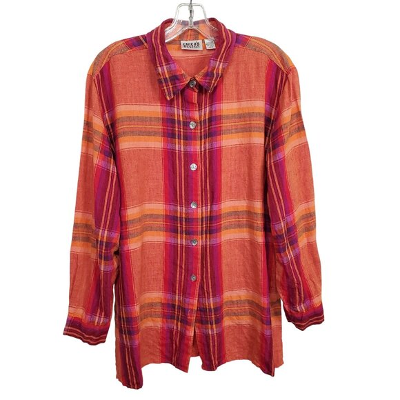 Chicos Design 3 Size XL Shirt Abalone Shell Button Plaid 100% Linen Relaxed Boho - Picture 2 of 11